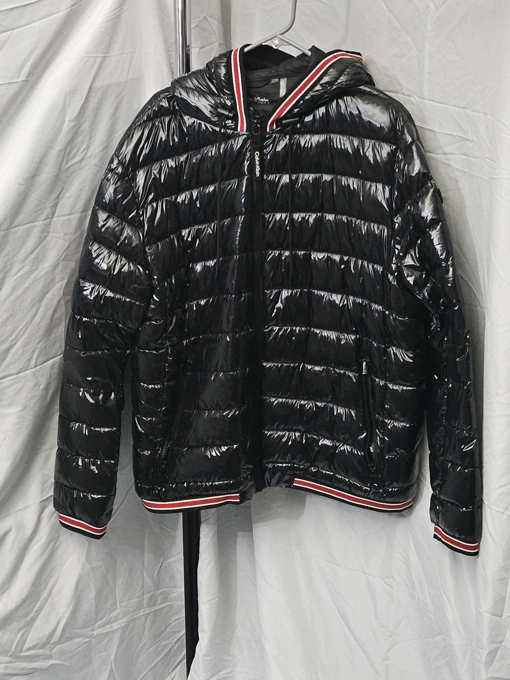 Calvin Klein Black Glossy Hooded Puffer Jacket with Red-White Trim